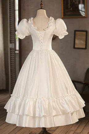 Vintage-Inspired Satin Tea-Length Party Dress with Puff Sleeves