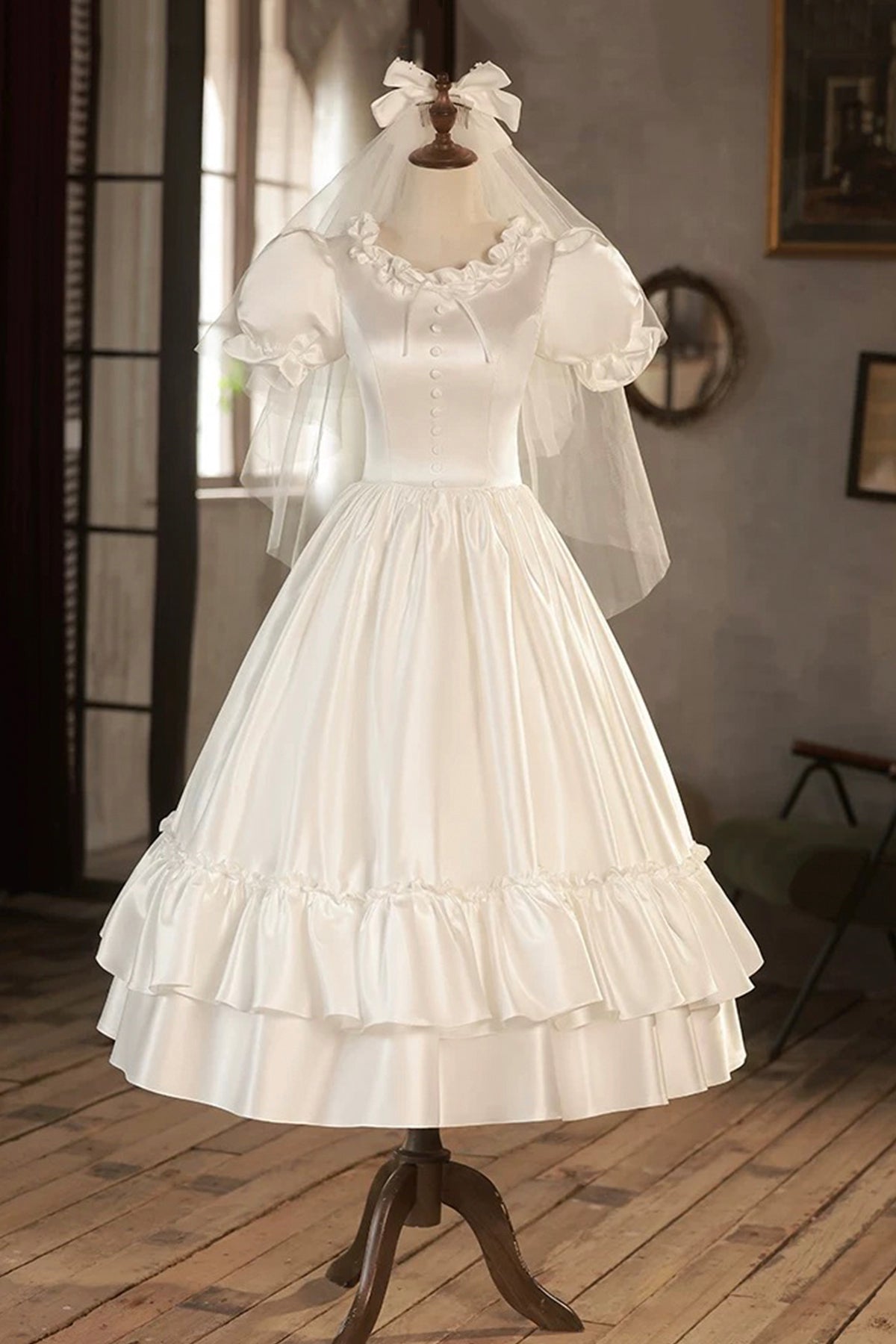 Vintage-Inspired Satin Tea-Length Party Dress with Puff Sleeves