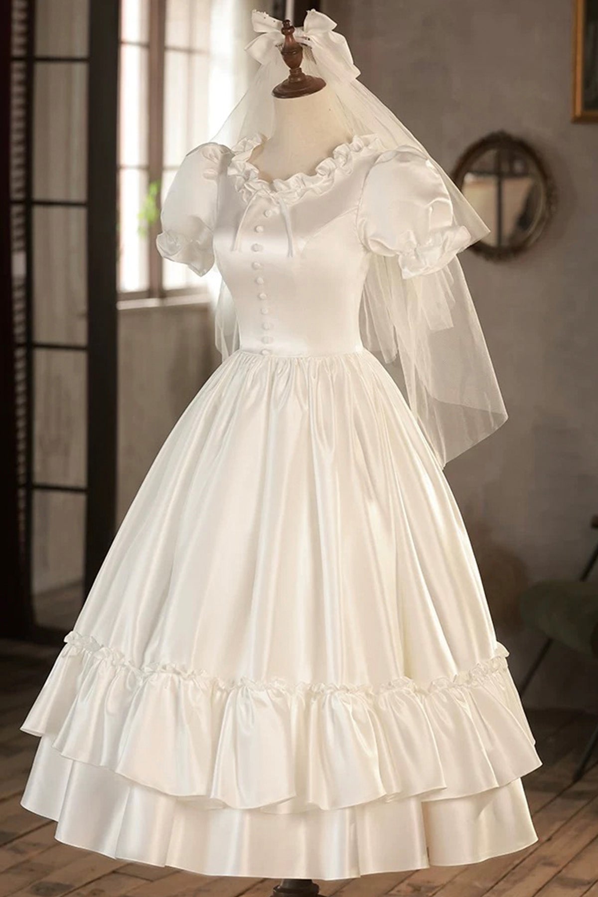 Vintage-Inspired Satin Tea-Length Party Dress with Puff Sleeves