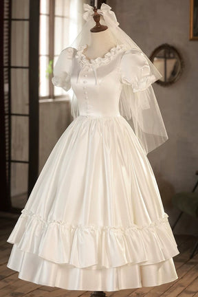 Vintage-Inspired Satin Tea-Length Party Dress with Puff Sleeves
