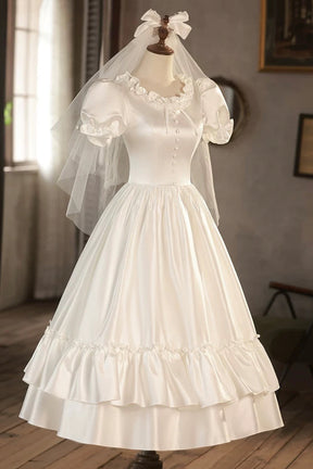 Vintage-Inspired Satin Tea-Length Party Dress with Puff Sleeves