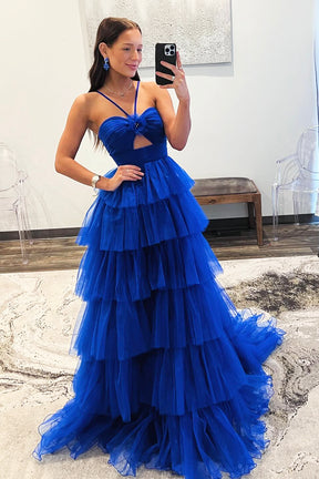 Blue Tulle Layers Long Prom Dress, Beautiful A-Line Backless Evening Party Dress