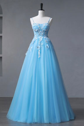 Beautiful Tulle Spaghetti Straps Floor Length Prom Dress, Blue A-Line Party Dress