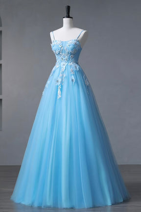 Beautiful Tulle Spaghetti Straps Floor Length Prom Dress, Blue A-Line Party Dress