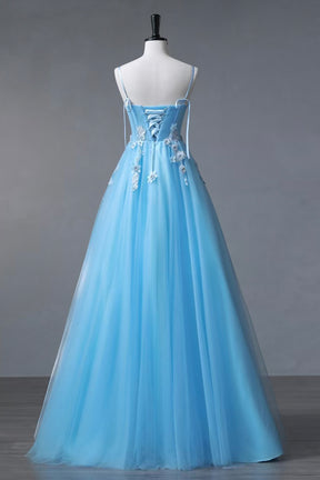 Beautiful Tulle Spaghetti Straps Floor Length Prom Dress, Blue A-Line Party Dress