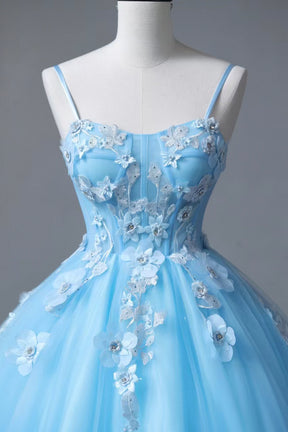 Beautiful Tulle Spaghetti Straps Floor Length Prom Dress, Blue A-Line Party Dress