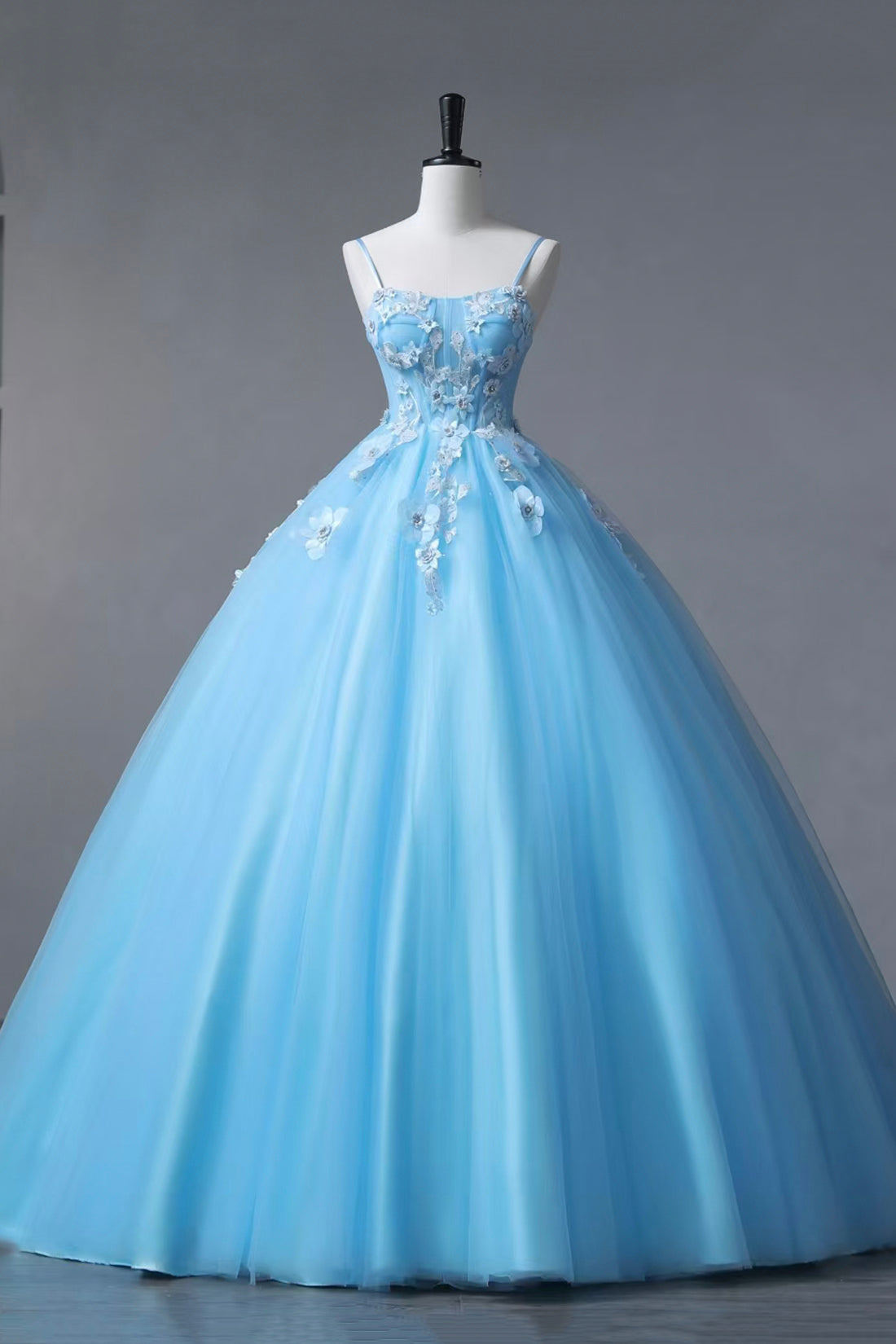 Beautiful Tulle Spaghetti Straps Floor Length Prom Dress, Blue A-Line Party Dress