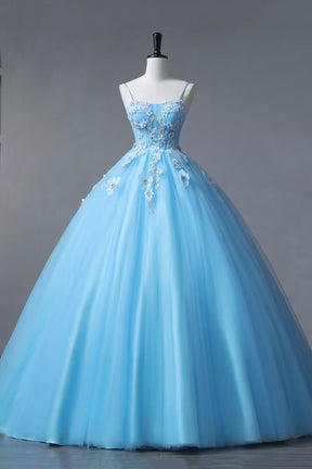 Beautiful Tulle Spaghetti Straps Floor Length Prom Dress, Blue A-Line Party Dress