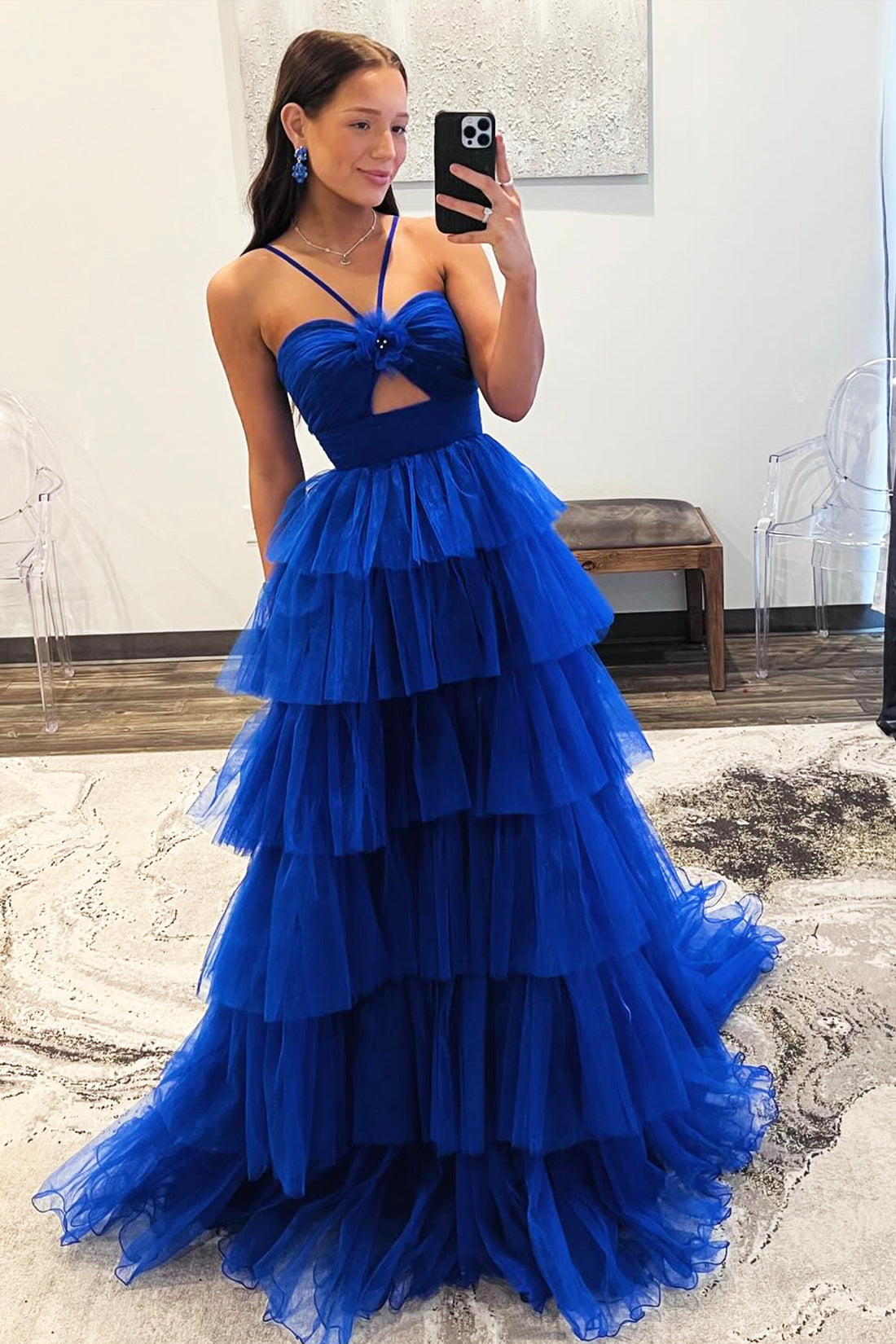 Blue Tulle Layers Long Prom Dress, Beautiful A-Line Backless Evening Party Dress