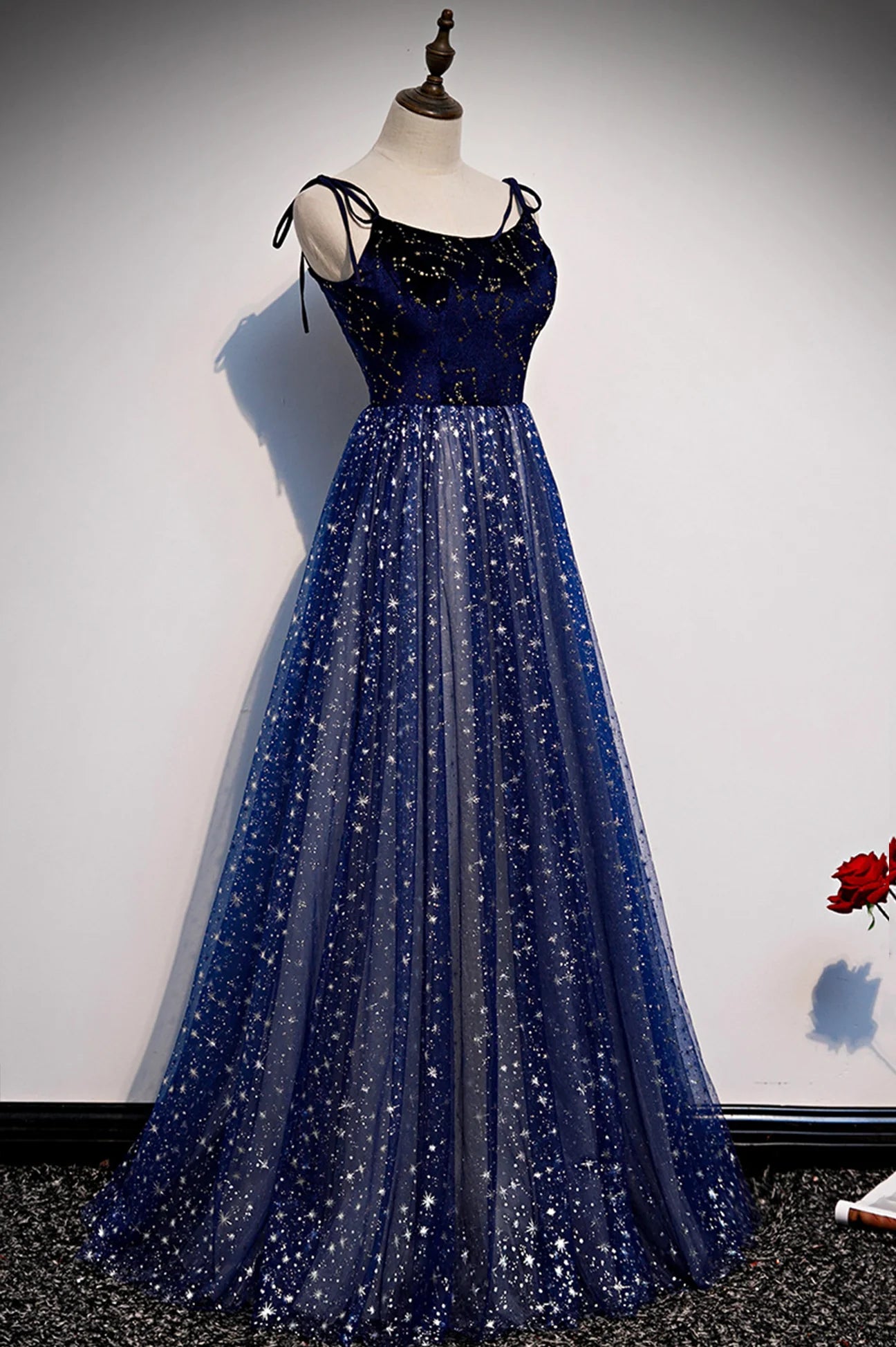 Blue Velvet Tulle Long Prom Dress, Beautiful A-Line Evening Party Dres Blue Velvet Tulle Long Prom Dress, Beautiful A-Line Evening Party Dres