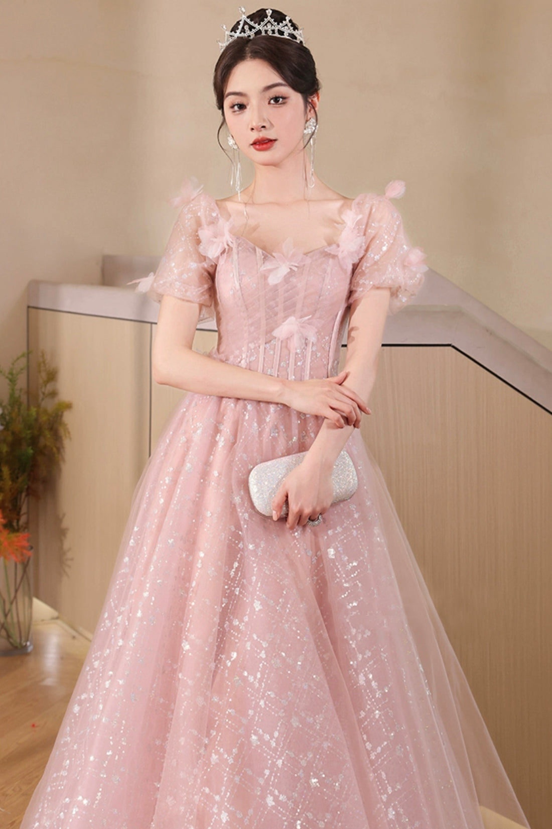 Pink Tulle Flowers Floor Length Prom Dress, Beautiful A-Line Evening Party Dress