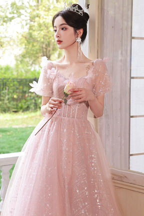 Pink Tulle Flowers Floor Length Prom Dress, Beautiful A-Line Evening Party Dress