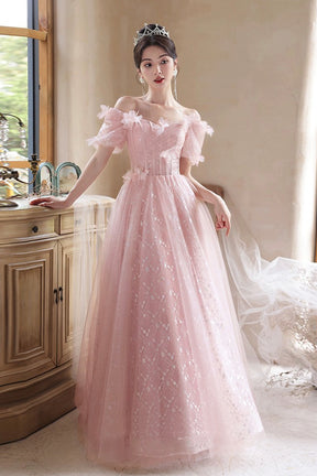 Pink Tulle Flowers Floor Length Prom Dress, Beautiful A-Line Evening Party Dress