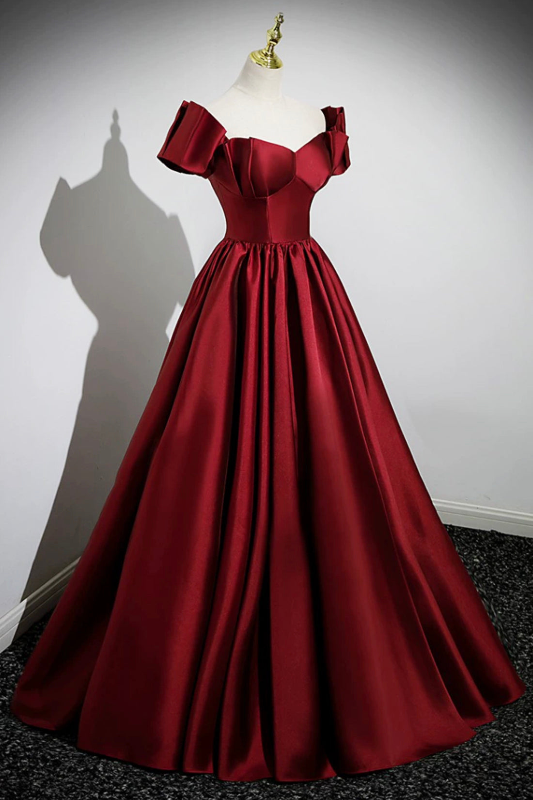 A-Line Burgundy Satin Floor Length Prom Dress, Off the Shoulder New Party Dress