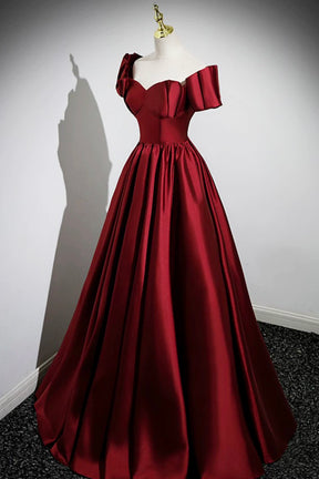 A-Line Burgundy Satin Floor Length Prom Dress, Off the Shoulder New Party Dress