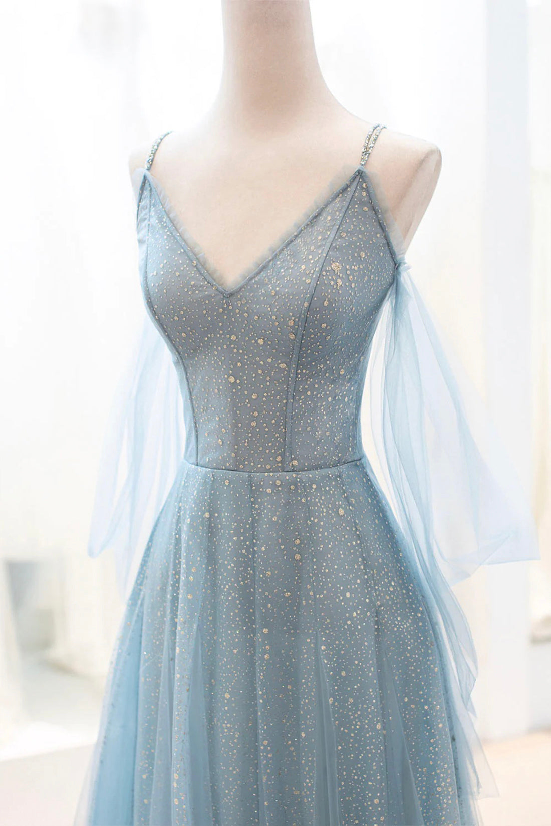 Dusty Blue Sparkly Tulle Long Prom Dress, A-Line Spaghetti Strap Evening Dress