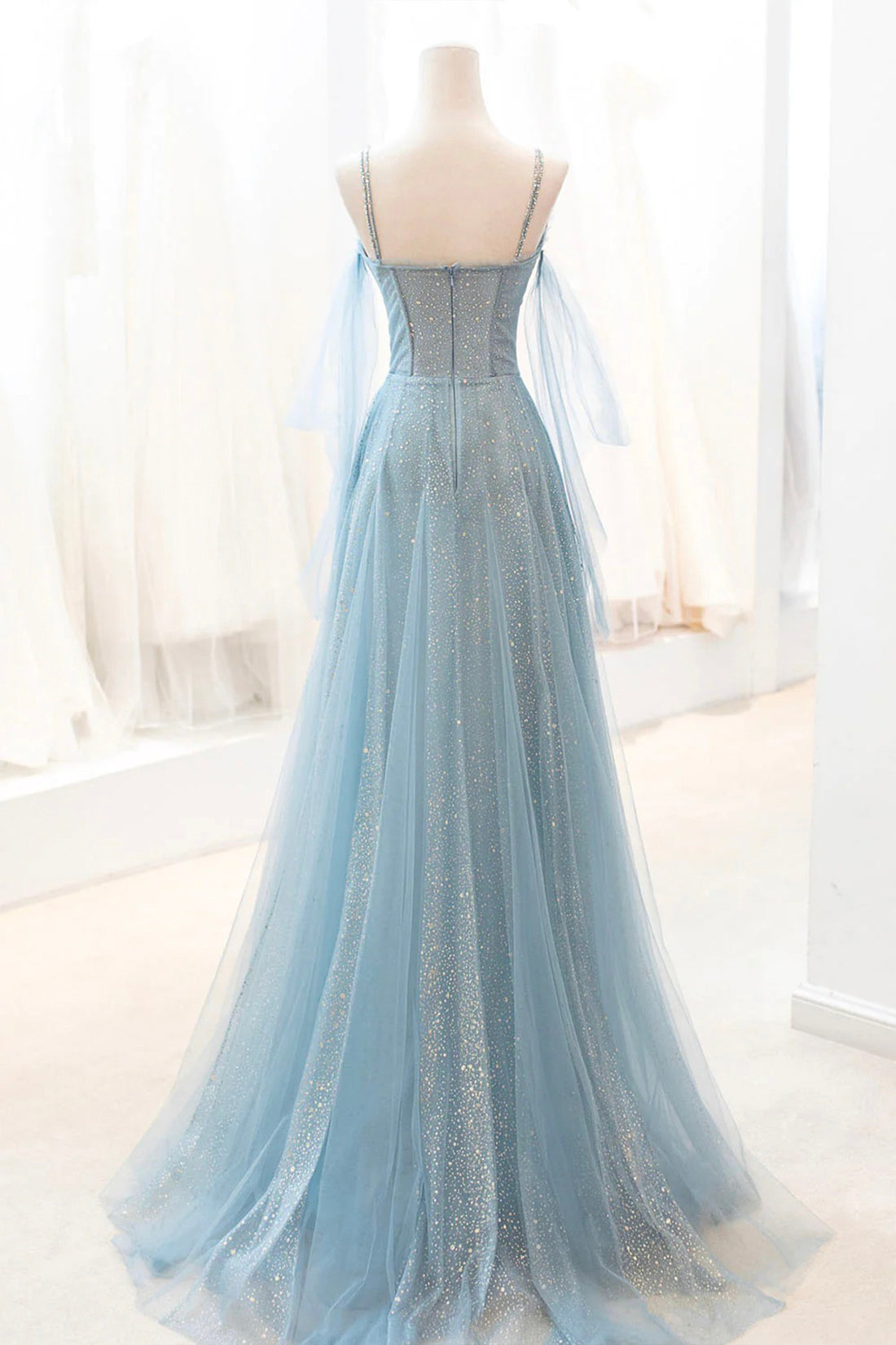 Dusty Blue Sparkly Tulle Long Prom Dress, A-Line Spaghetti Strap Evening Dress
