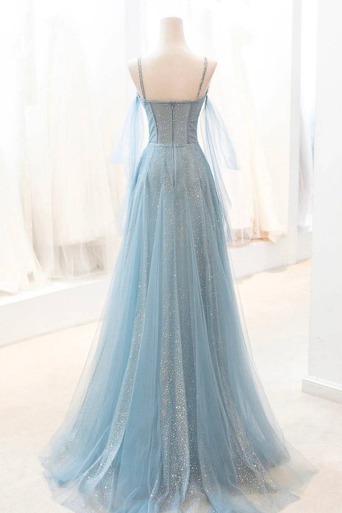 Dusty Blue Sparkly Tulle Long Prom Dress, A-Line Spaghetti Strap Eveni Dusty Blue Sparkly Tulle Long Prom Dress, A-Line Spaghetti Strap Eveni