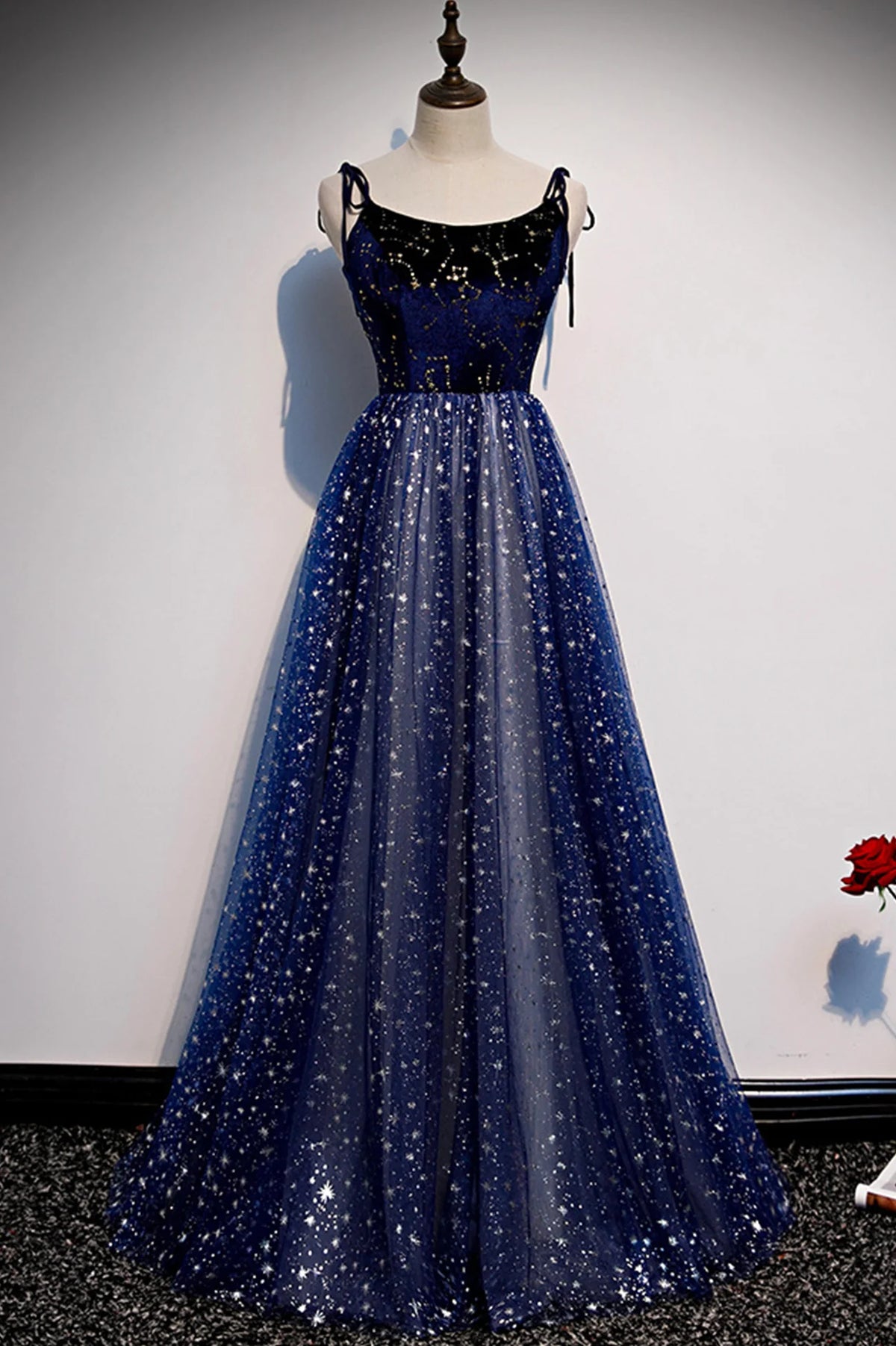 Blue Velvet Tulle Long Prom Dress, Beautiful A-Line Evening Party Dress