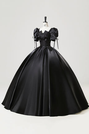 Black Satin Lace Floor Length Prom Dress, A-Line Short Sleeve Evening Party Dress