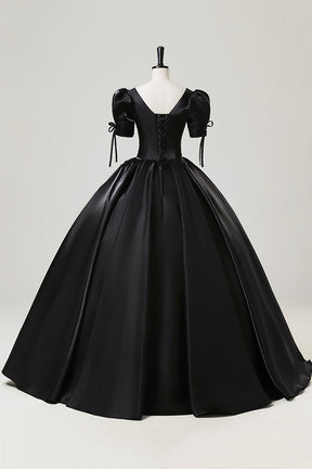 Black Satin Lace Floor Length Prom Dress, A-Line Short Sleeve Evening Party Dress