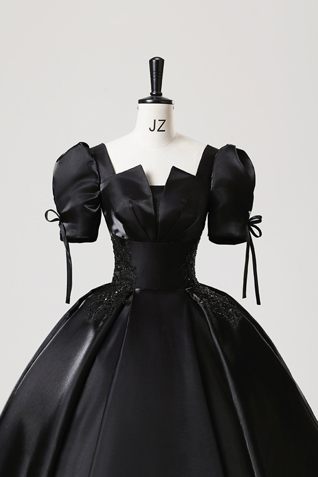 Black Satin Lace Floor Length Prom Dress, A-Line Short Sleeve Evening Party Dress