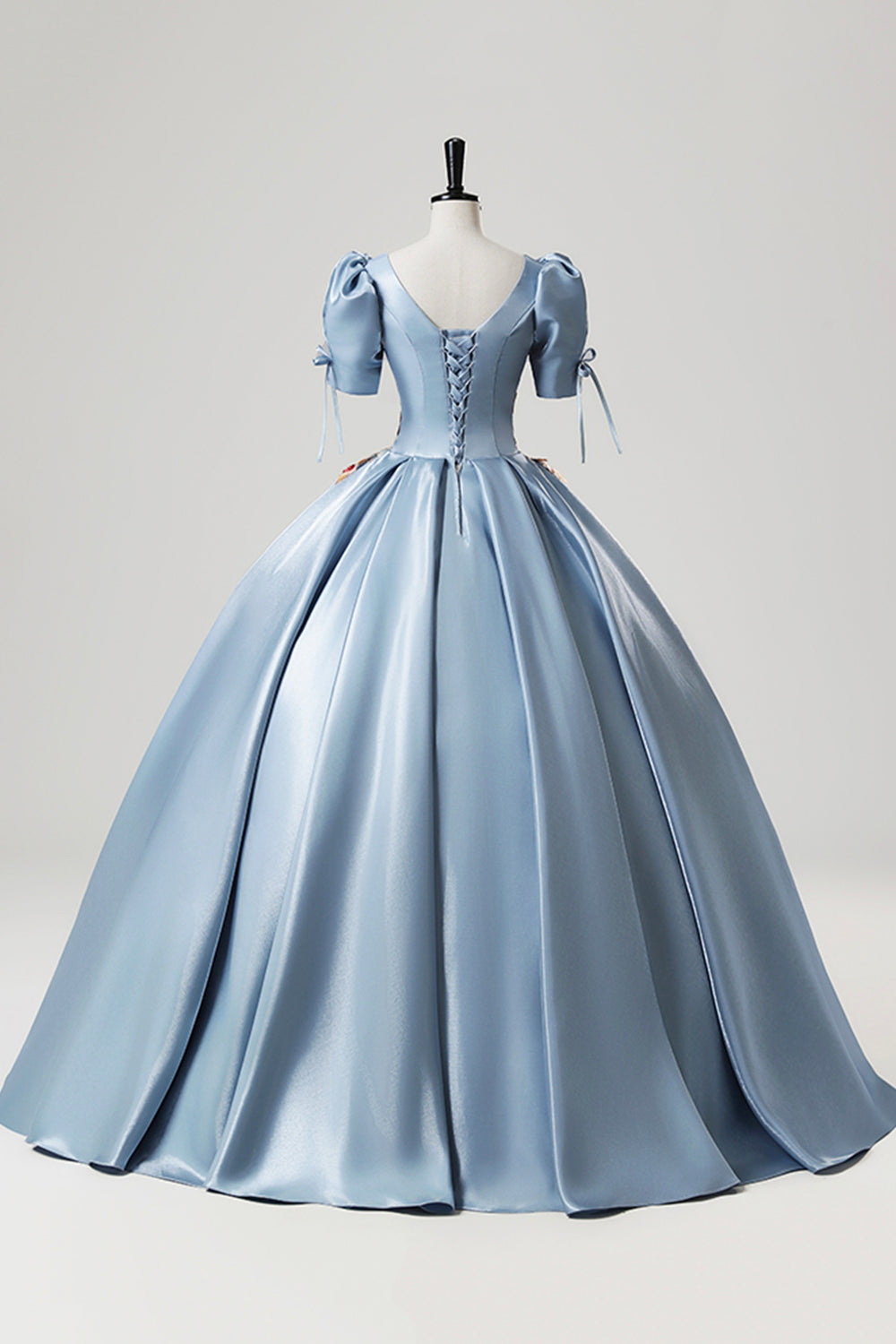 Blue Satin Lace Long Formal Prom Dress, Blue Short Sleeve Evening Party Dress main image 0