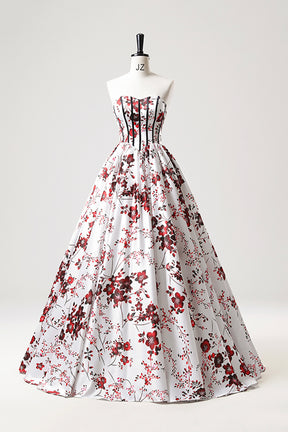 White Floor Length Printed Pattern Prom Dress, A-Line Strapless Evening Dress with Corset