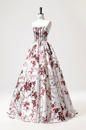 White Floor Length Printed Pattern Prom Dress, A-Line Strapless Evening Dress with Corset