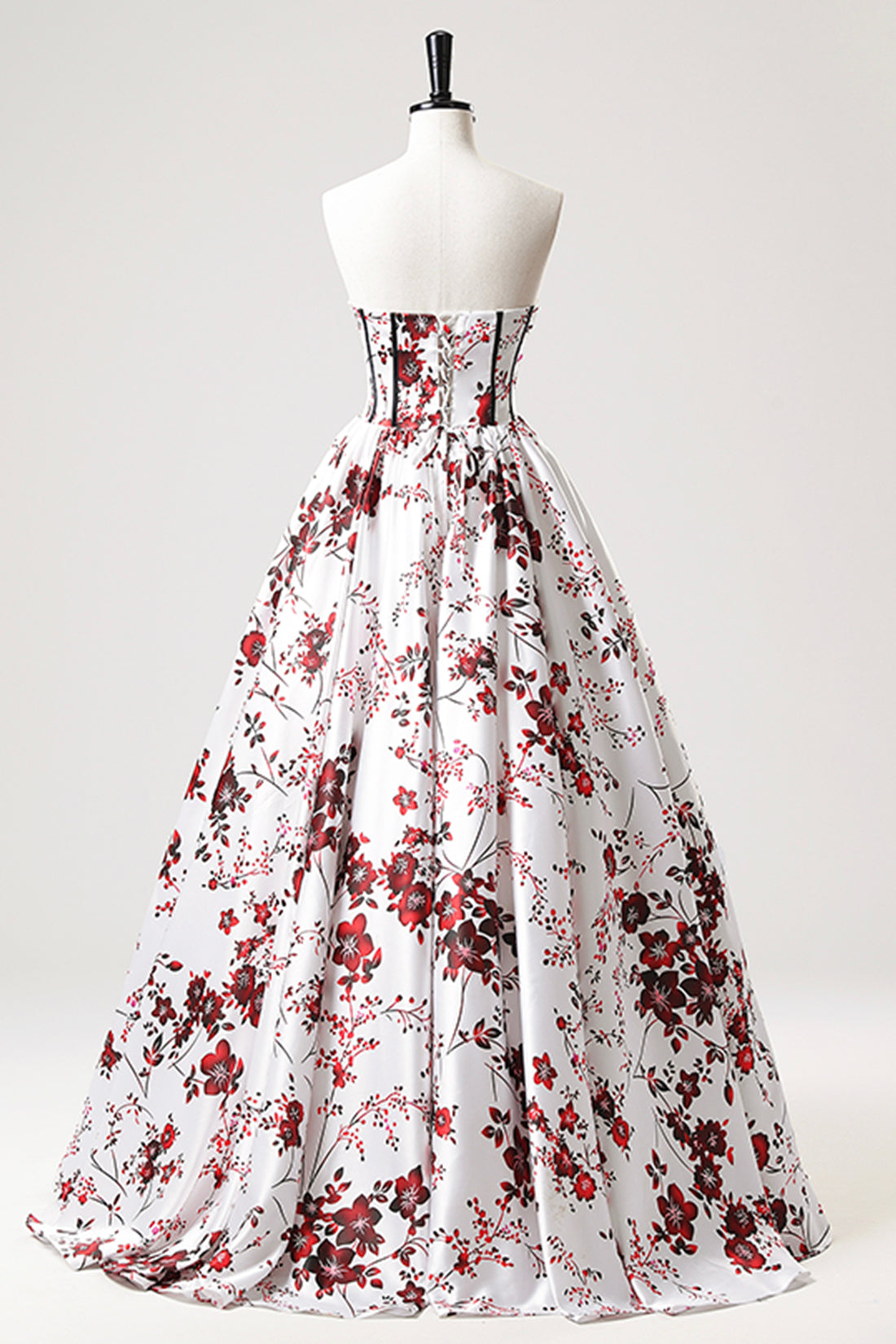 White Floor Length Printed Pattern Prom Dress, A-Line Strapless Evening Dress with Corset