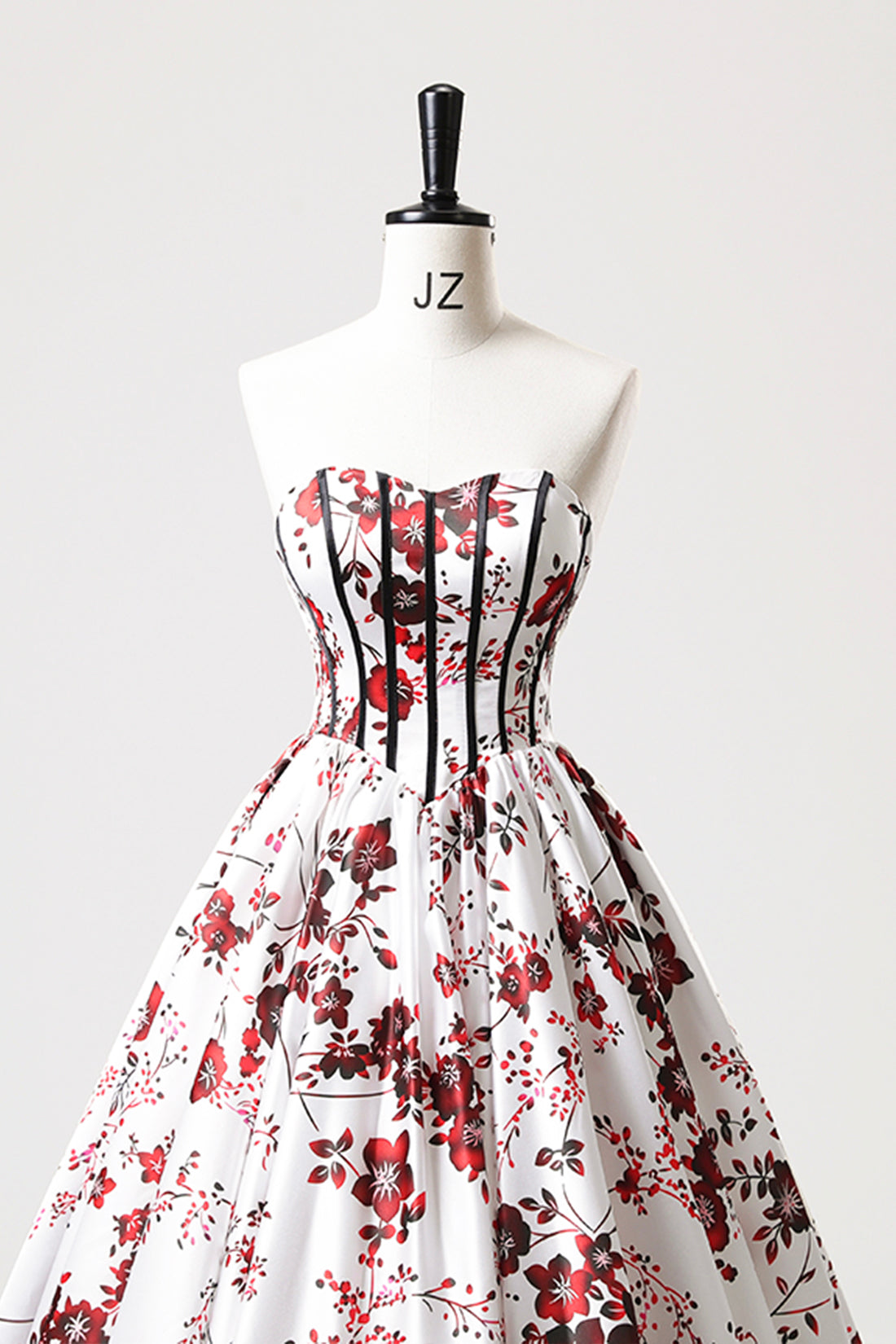 White Floor Length Printed Pattern Prom Dress, A-Line Strapless Evening Dress with Corset