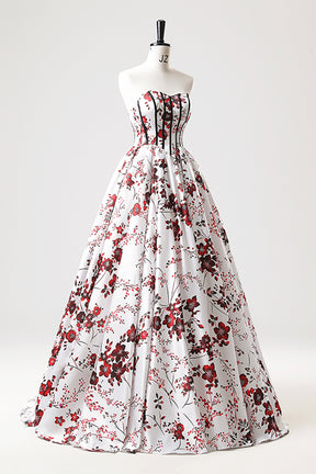 White Floor Length Printed Pattern Prom Dress, A-Line Strapless Evening Dress with Corset