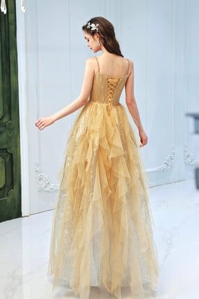 Champagne Tulle Spaghetti Strap Long Prom Dress, Shiny Tulle Evening Party Dress