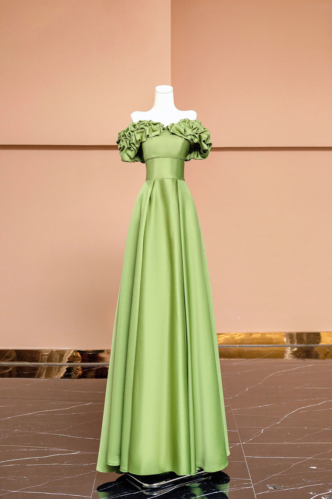 Green Satin Floor Length Prom Dress, Off the Shoulder Evening Party Dress