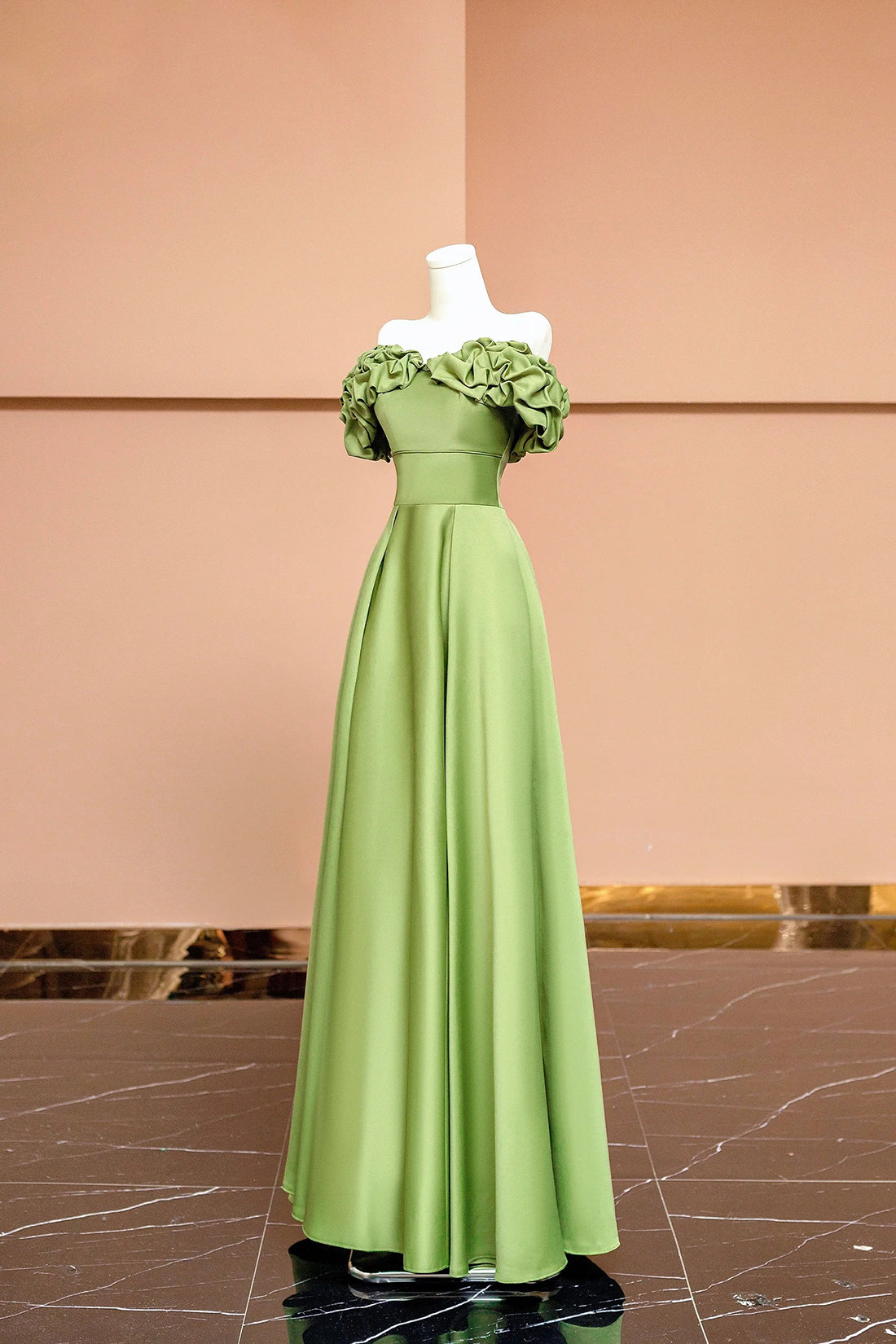 Green Satin Floor Length Prom Dress, Off the Shoulder Evening Party Dress