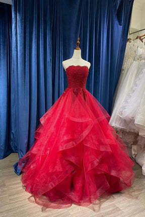 Red Strapless Princess Tulle Layers Ruffles Prom Dress, Beautiful A-Line Formal Dress