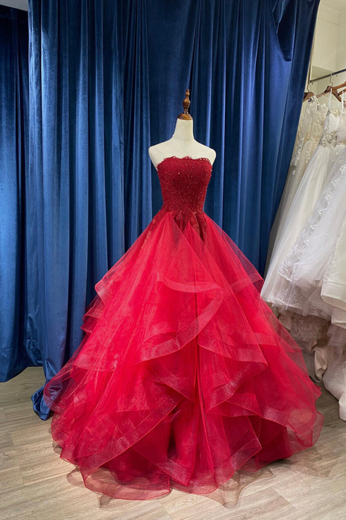 Niulatu A Line Strapless Red Tulle Long Prom Dresses Ruffles Evening Dress HZ1110