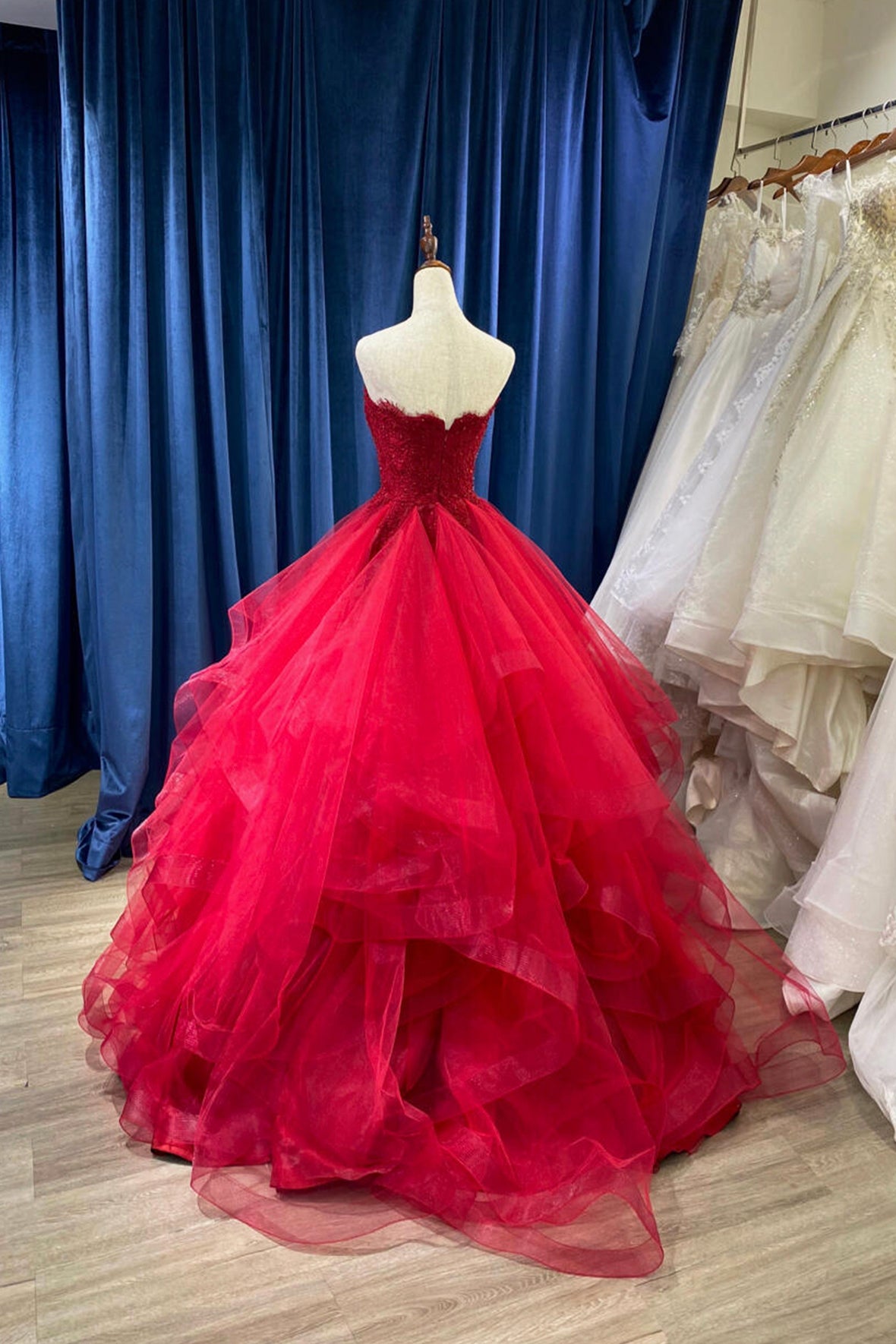 Red Strapless Princess Tulle Layers Ruffles Prom Dress, Beautiful A-Line Formal Dress