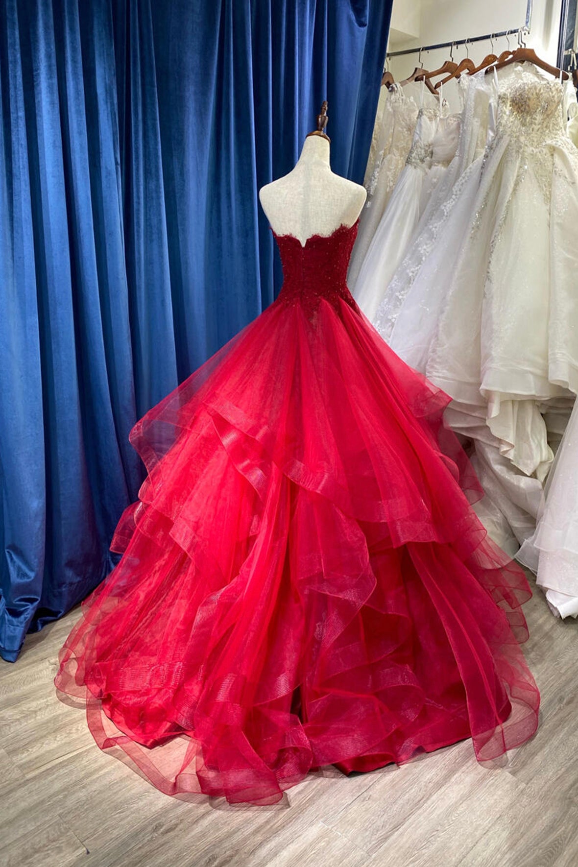 Red Ruffle Bottom Prom Dress Red Strapless Princess Tulle Layers Ruffles Prom Dress, Beautiful A-Li