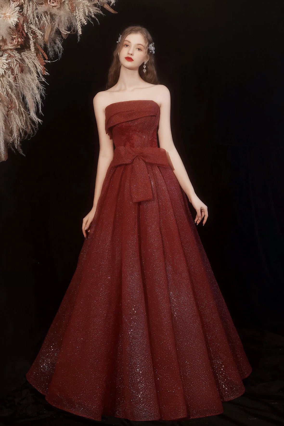 Burgundy Shiny Tulle Long Prom Dress, Beautiful Strapless Evening Party Dress