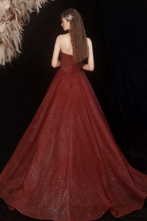 Burgundy Shiny Tulle Long Prom Dress, Beautiful Strapless Evening Party Dress