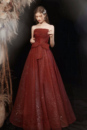 Burgundy Shiny Tulle Long Prom Dress, Beautiful Strapless Evening Party Dress