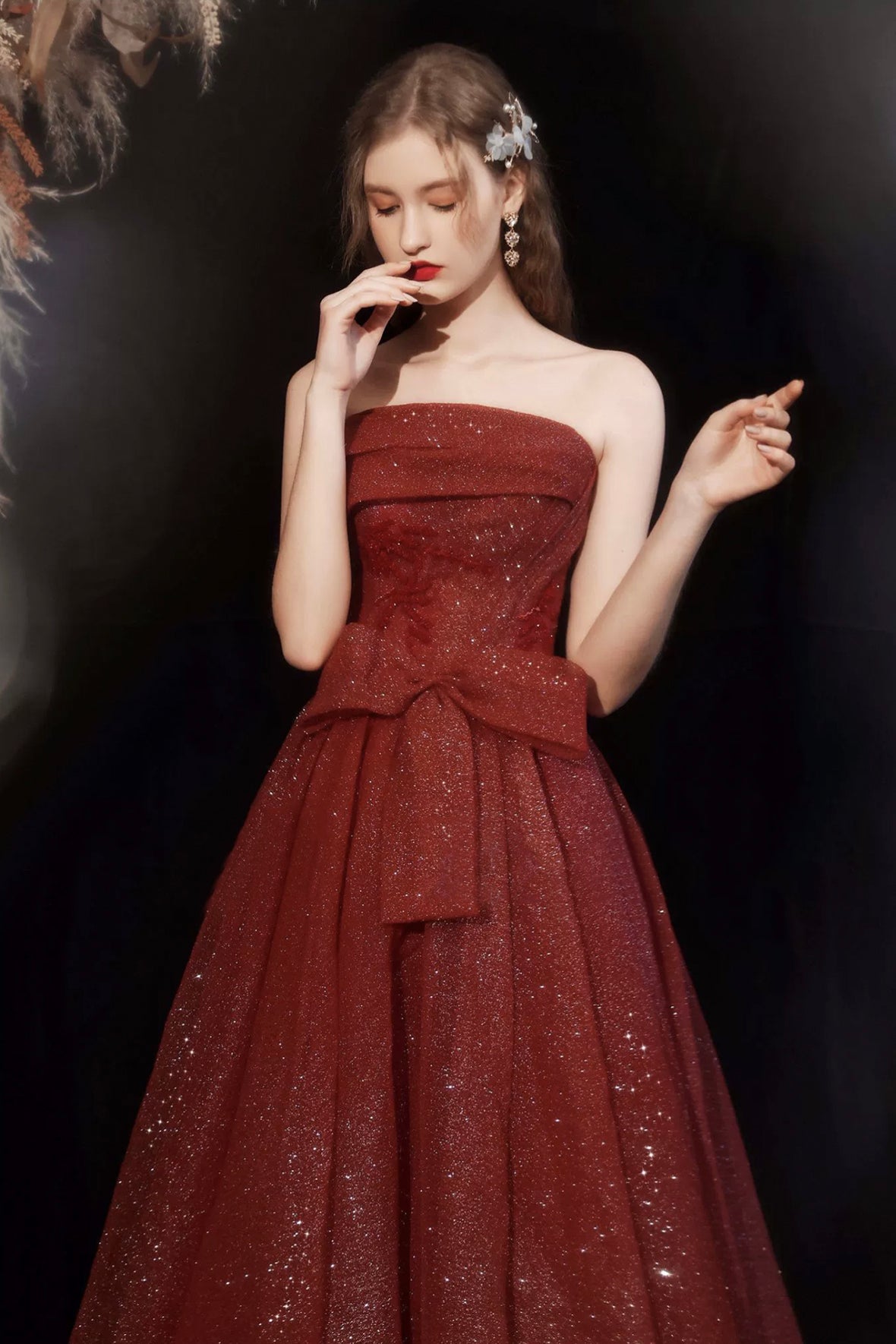 Burgundy Shiny Tulle Long Prom Dress, Beautiful Strapless Evening Party Dress