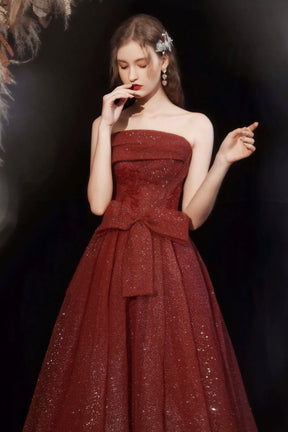 Burgundy Shiny Tulle Long Prom Dress, Beautiful Strapless Evening Party Dress