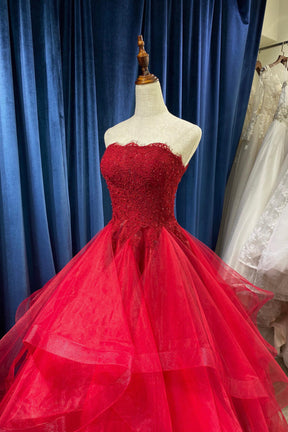 Red Strapless Princess Tulle Layers Ruffles Prom Dress, Beautiful A-Line Formal Dress