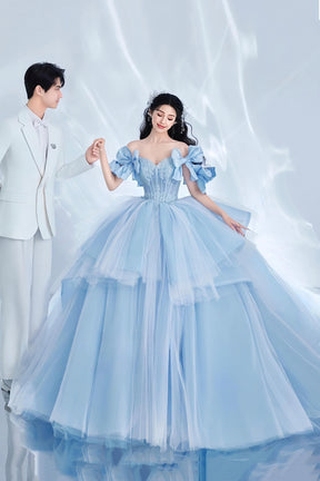 Gorgeous Blue Tulle Long Ball Gown with Bow, Off the Shoulder Lace Formal Dress