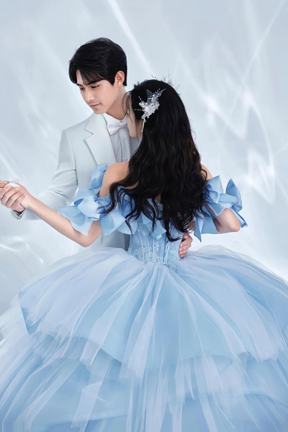 Gorgeous Blue Tulle Long Ball Gown with Bow, Off the Shoulder Lace For Gorgeous Blue Tulle Long Ball Gown with Bow, Off the Shoulder Lace For