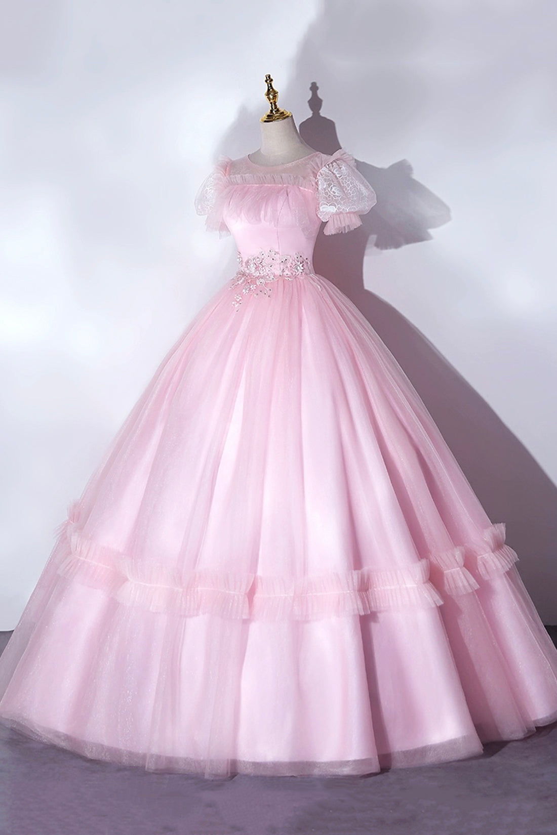 Pink Tulle Lace Long Prom Dress, Lovely A-Line Short Sleeve Evening Dress
