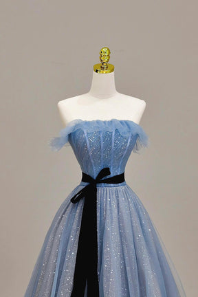 Blue Tulle A-Line Strapless Long Prom Dress, Beautiful Evening Party Dress