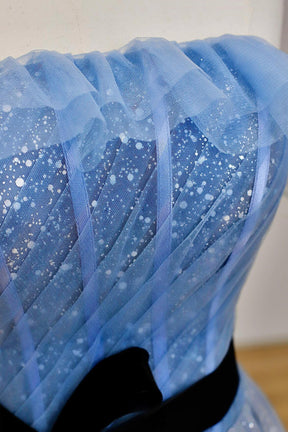 Blue Tulle A-Line Strapless Long Prom Dress, Beautiful Evening Party Dress